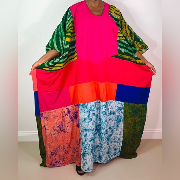 African Print Ankara Multicolor Patchwork Mixed Print Colorful Kaftan Maxi Dress - Picture 2 of 11